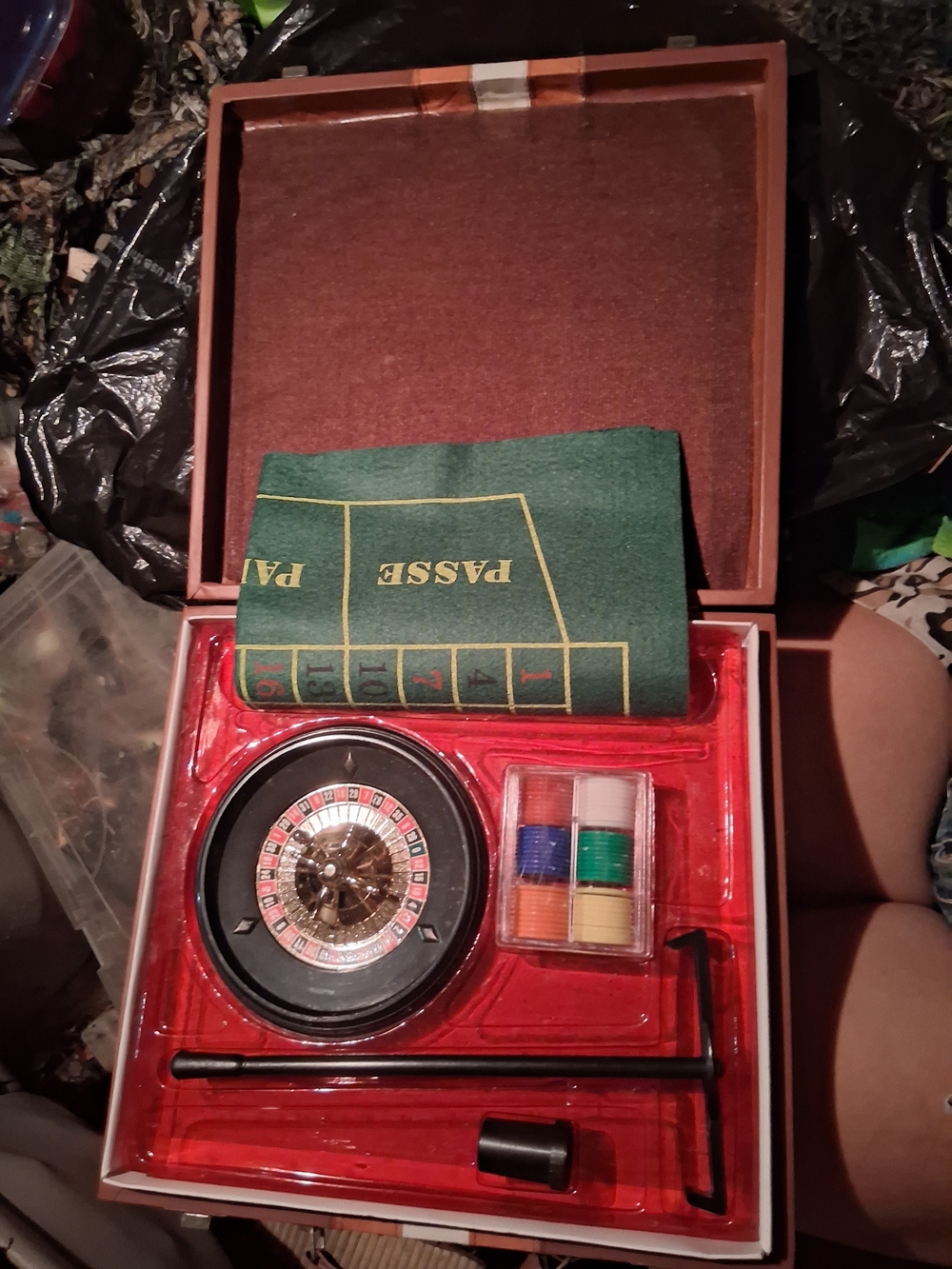 Vintage 1970s Complete Travel Roulette Casino Game Set in Striped Briefcase